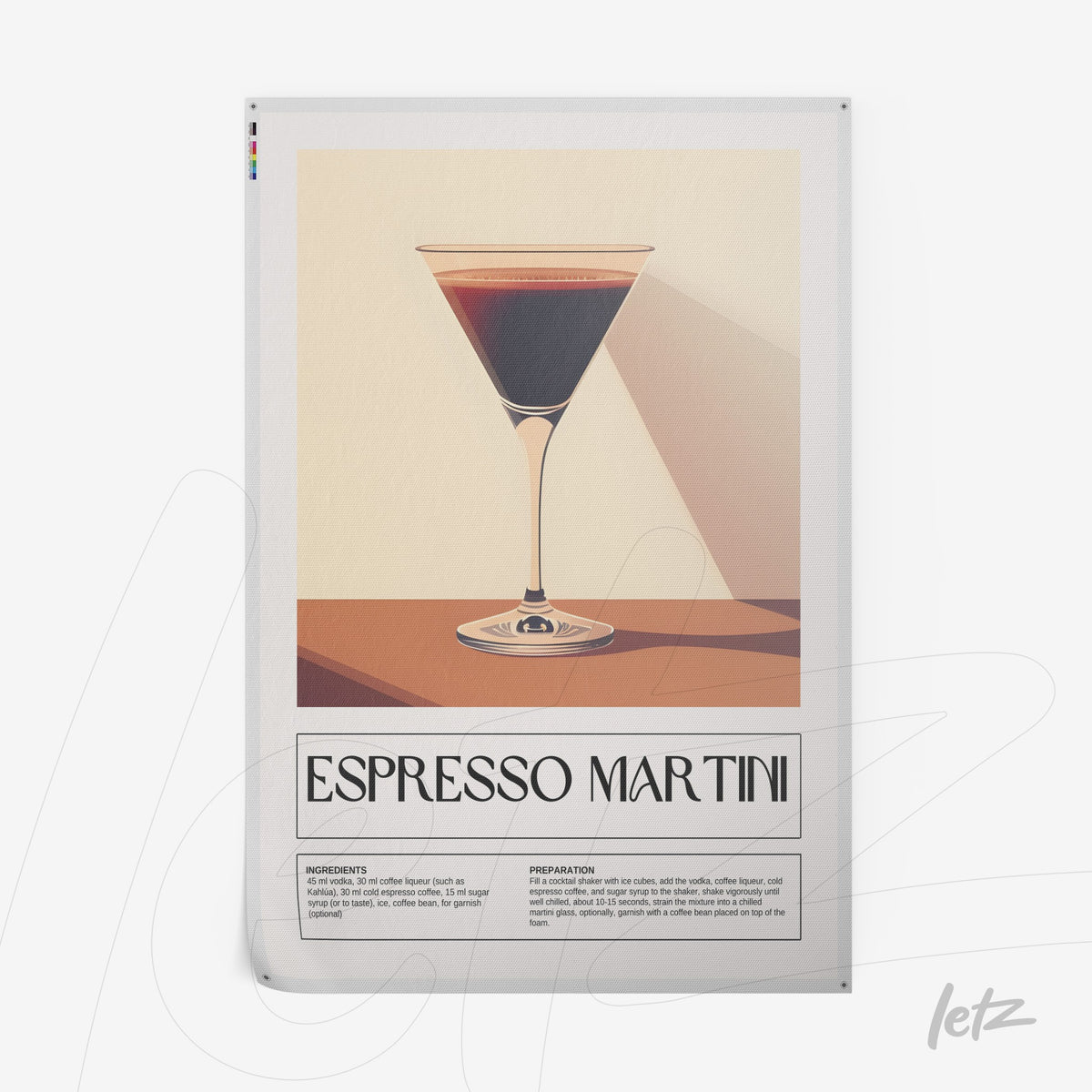 quadro com arte ilustrativa do drink espresso martini em fundo claro com informações sobre ingredientes e preparação