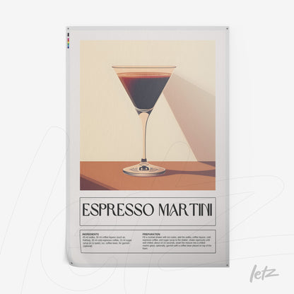 quadro com arte ilustrativa do drink espresso martini em fundo claro com informações sobre ingredientes e preparação