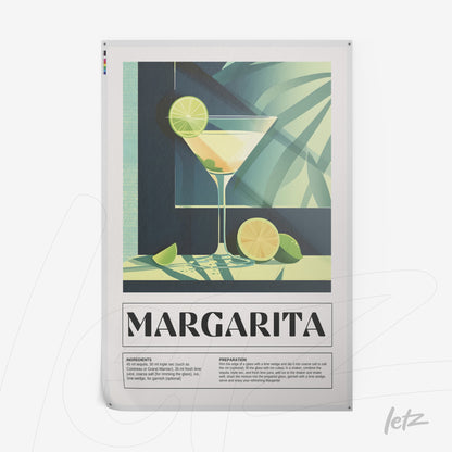 quadro com arte de margarita em estilo minimalista, com copo de drink, limão e folhas verdes ao fundo, em moldura branca