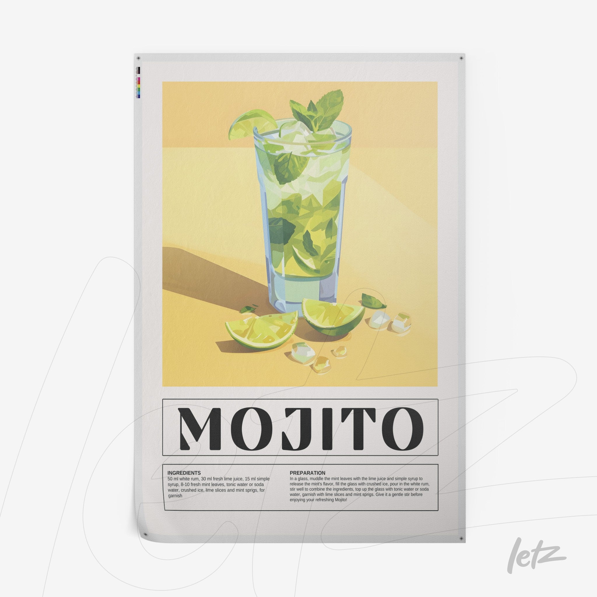 quadro com arte digital de mojito em copo alto sobre fundo amarelo, com limões e gelo na composição