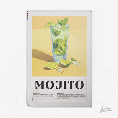quadro com arte digital de mojito em copo alto sobre fundo amarelo, com limões e gelo na composição