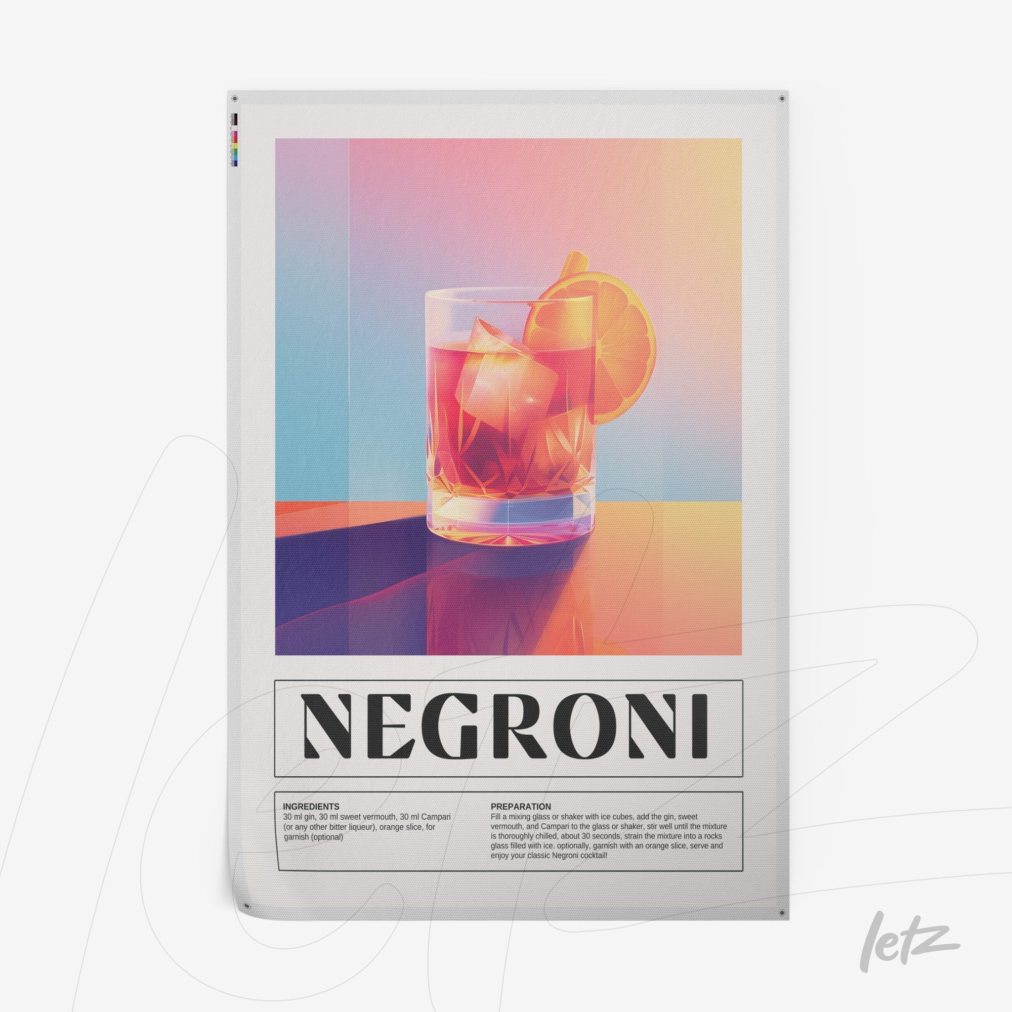 quadro com arte moderna do drink negroni com gelo em copo, fundo colorido em degradê