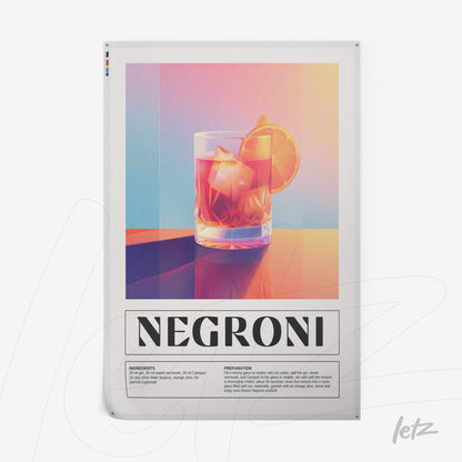 quadro com arte moderna do drink negroni com gelo em copo, fundo colorido em degradê