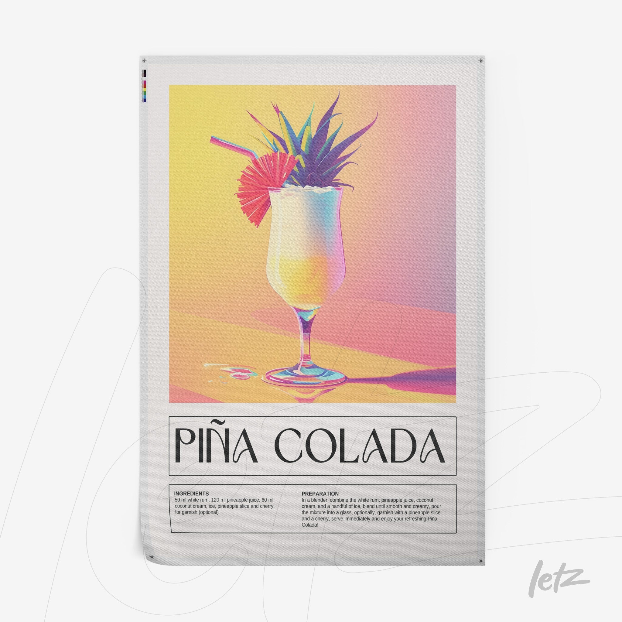 quadro com arte digital de coquetel piña colada em estilo retrô, com fundo suave em tons pastel e texto explicativo na parte inferior