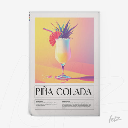 quadro com arte digital de coquetel piña colada em estilo retrô, com fundo suave em tons pastel e texto explicativo na parte inferior