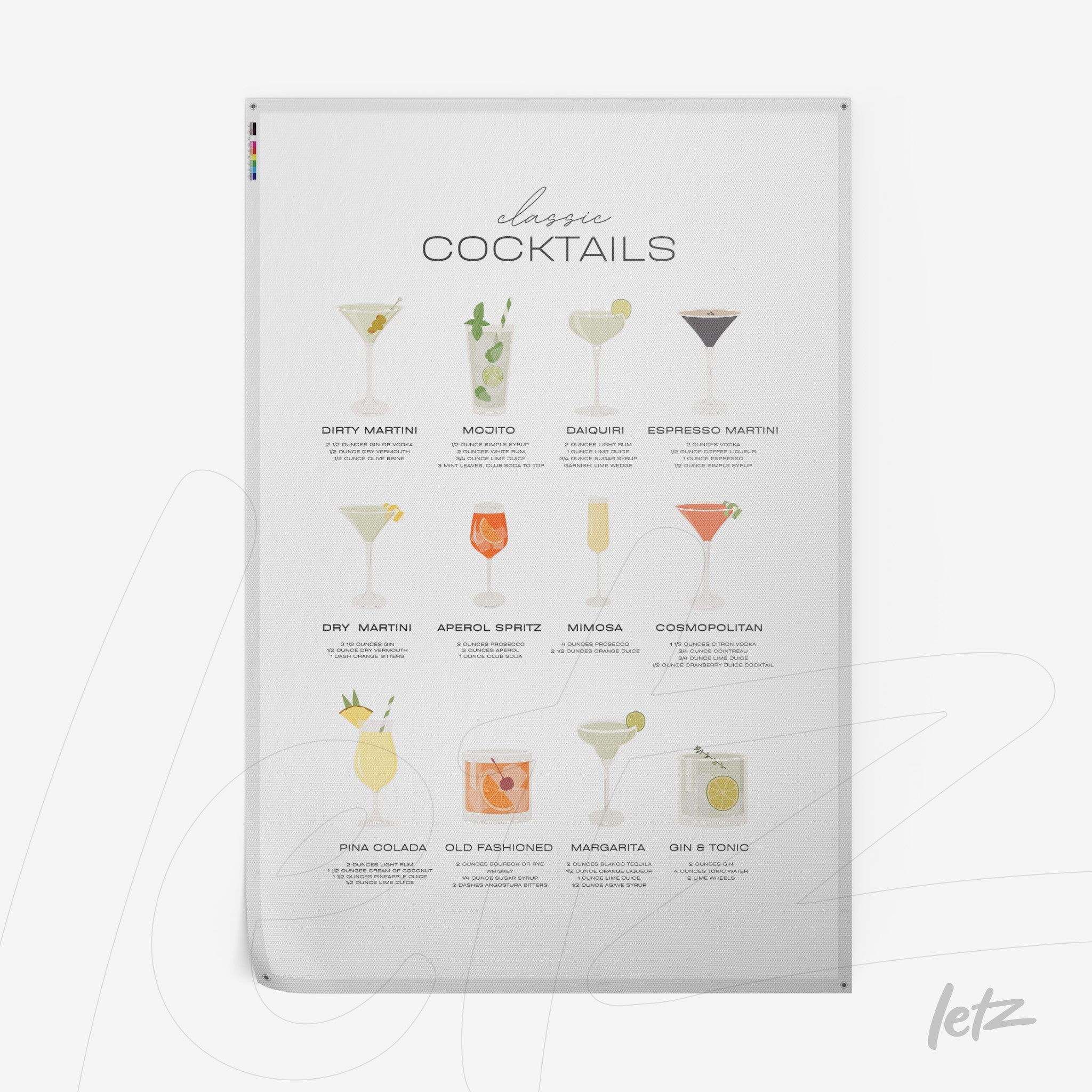 pôster com ilustrações de drinks clássicos como mojito, dry martini e cosmopolitan, em fundo branco