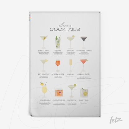 pôster com ilustrações de drinks clássicos como mojito, dry martini e cosmopolitan, em fundo branco