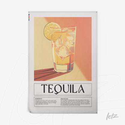 quadro com arte moderna de drink tequila servido em copo com limão e gelo, fundo em tons pastel