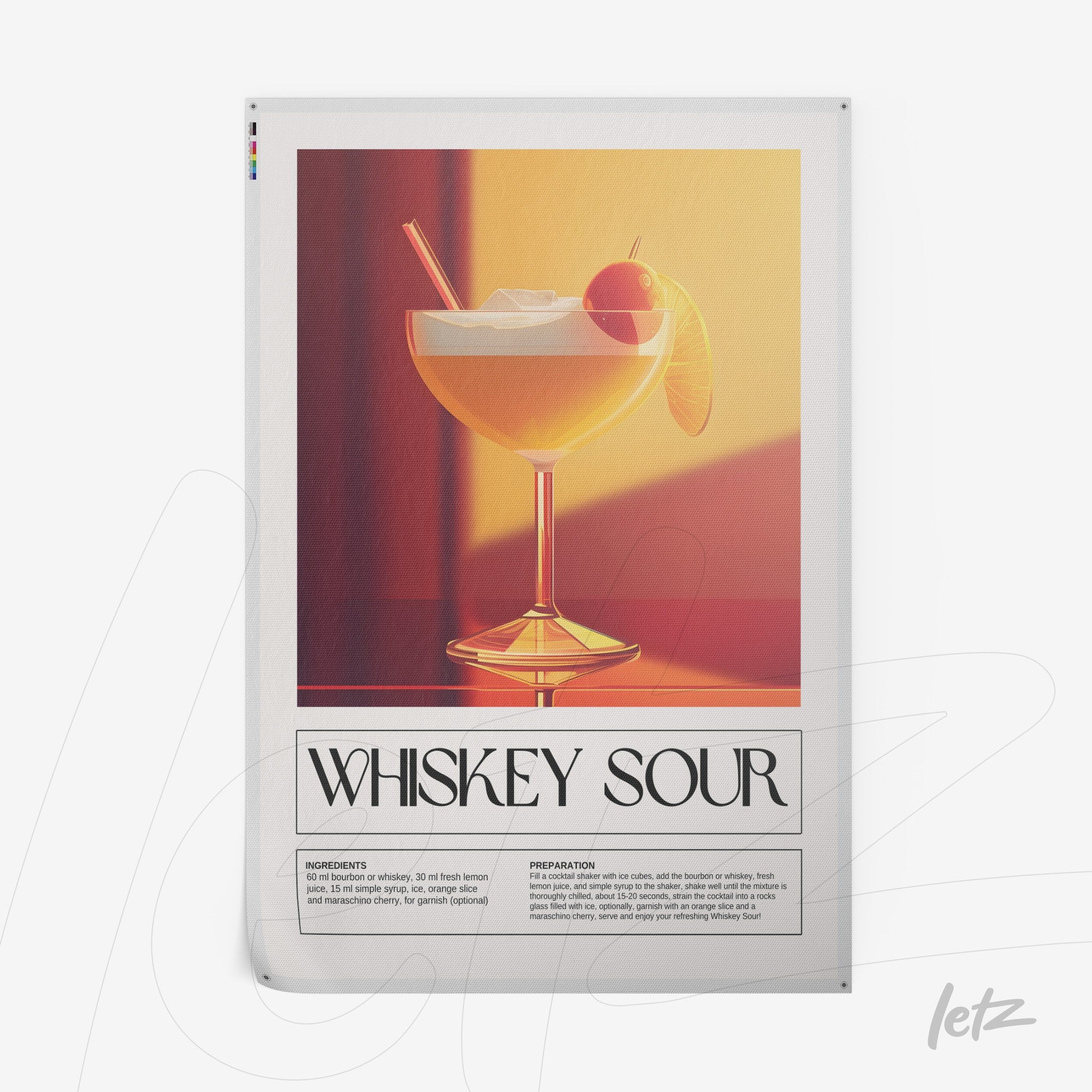 quadro com arte retro de drink whiskey sour em moldura branca com fundo laranja
