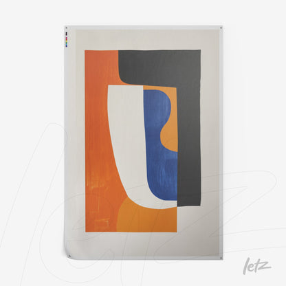 quadro com arte moderna em formas abstratas nas cores laranja, azul e preto sobre fundo claro