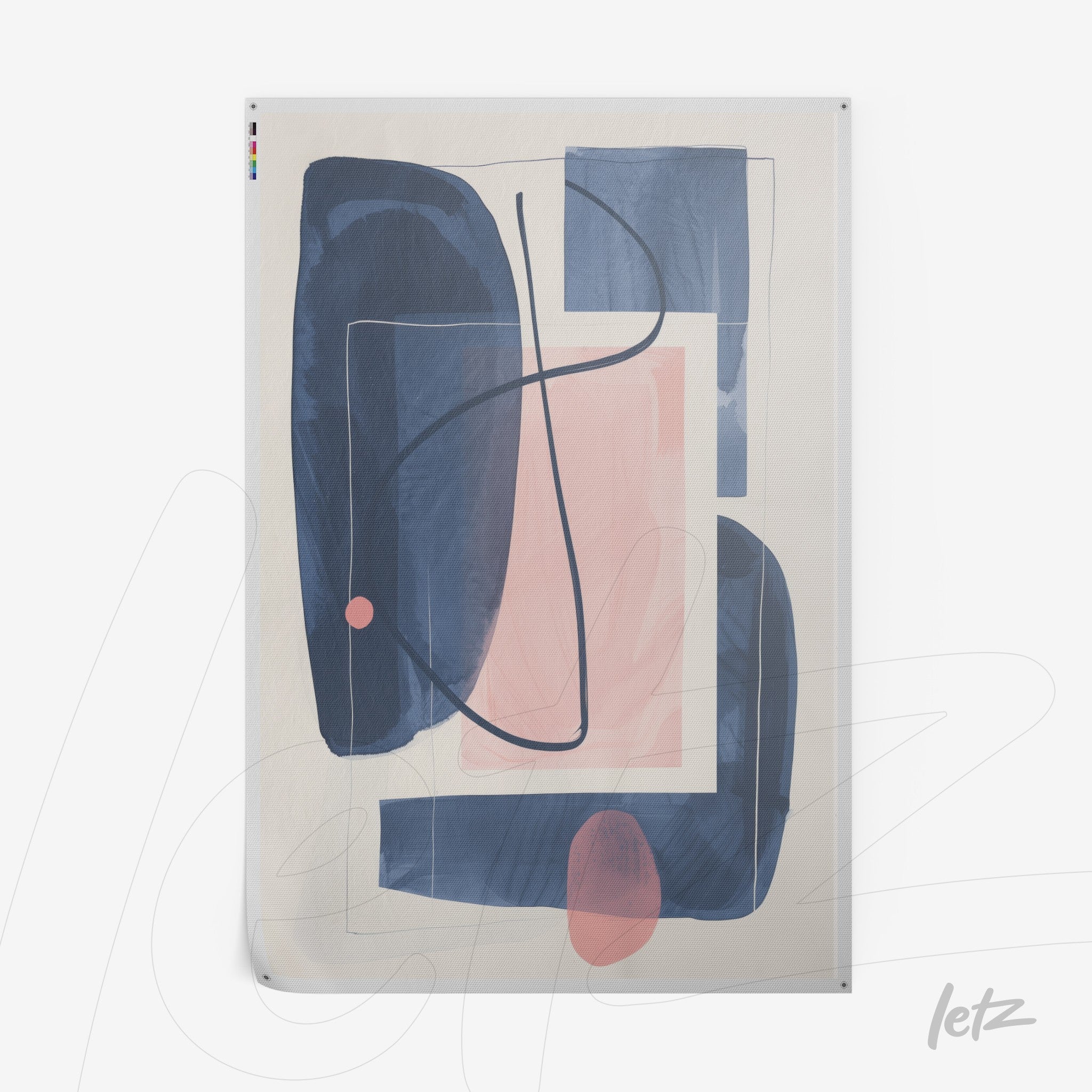 quadro com arte abstrata em tons de azul e rosa sobre fundo claro, com formas geométricas e linhas fluídas