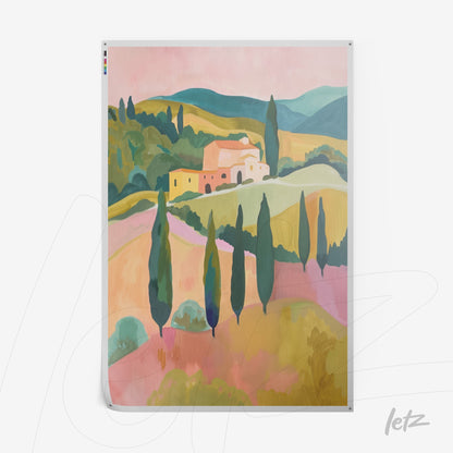 quadro com paisagem de colinas suaves e ciprestes em cores pastel em fundo rosa