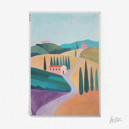 quadro com arte contemporânea de paisagem toscana, destacando colinas verdes, casas em tons de rosa, ciprestes altos e um caminho sinuoso