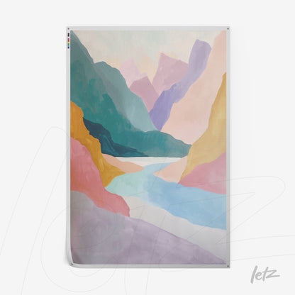 quadro com arte abstrata em cores pastel representando uma paisagem montanhosa com um rio ao centro