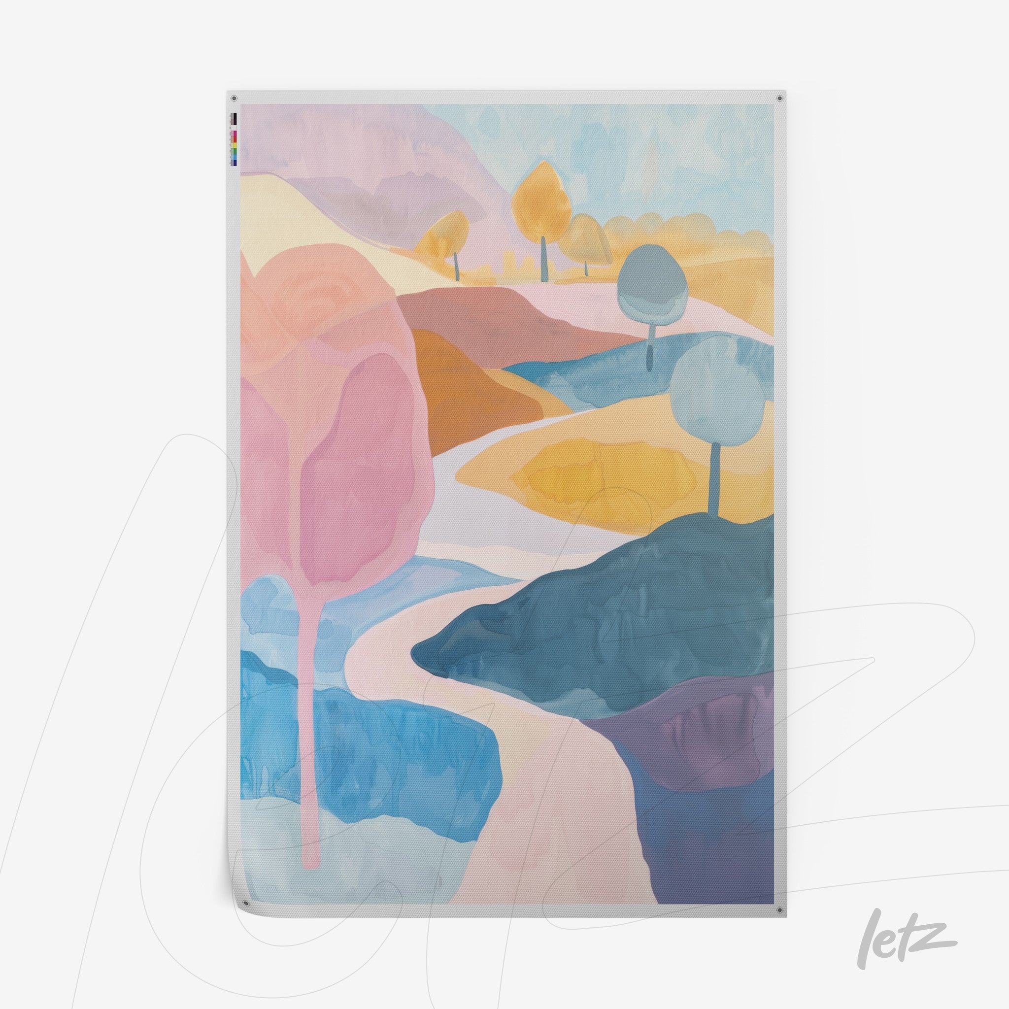 quadro com paisagem abstrata em cores suaves, retratando colinas e árvores em tons de rosa, azul e amarelo