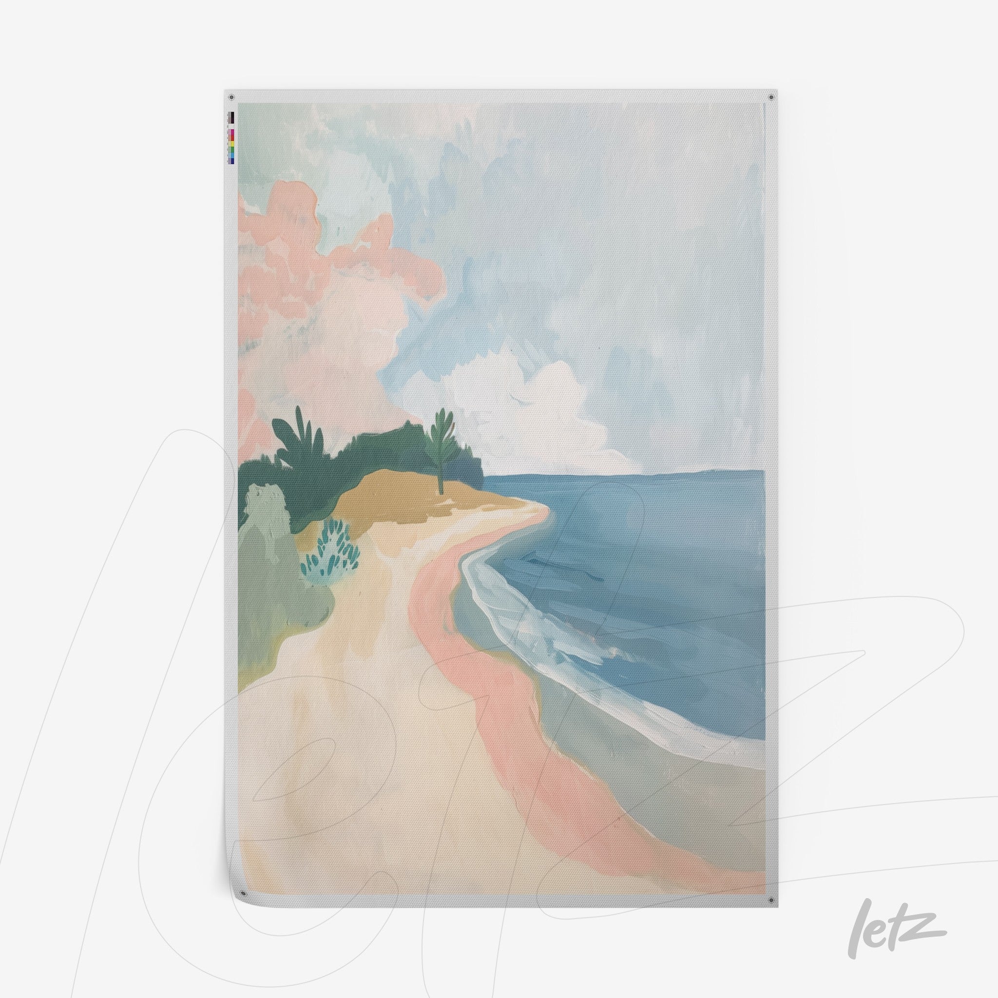 quadro com arte abstrata de uma praia tranquila com areia clara e vegetação à beira-mar