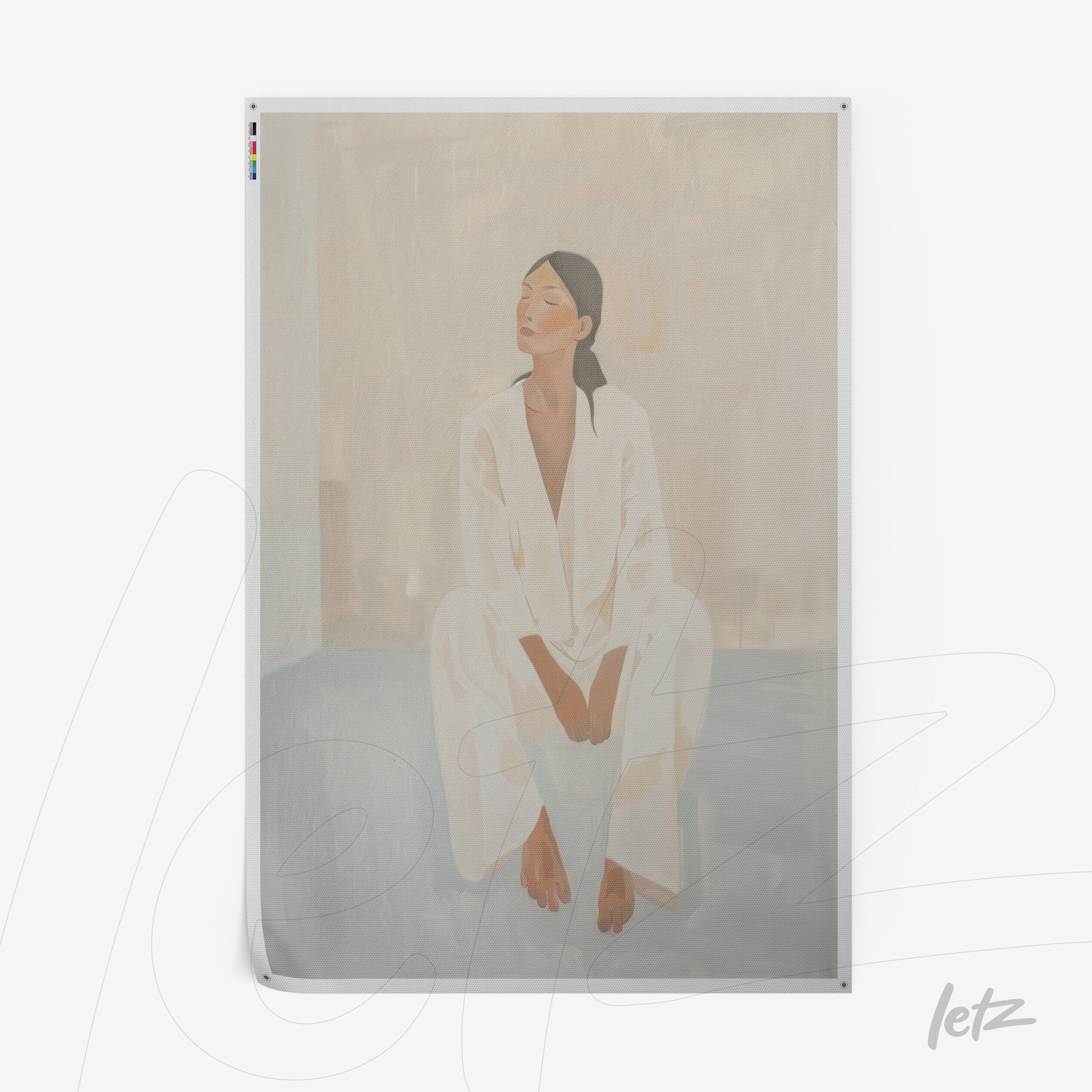 quadro com arte minimalista de mulher sentada, vestindo roupas brancas, em fundo neutro