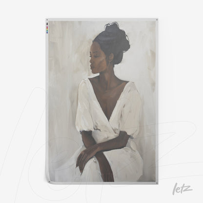 quadro com arte de retrato feminino em tons neutros, mostrando mulher de pele escura vestindo um vestido branco com mangas bufantes