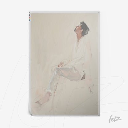 arte digital de retrato de homem sentado com roupa branca e expressão contemplativa em fundo suave