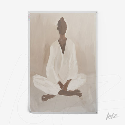 quadro com arte minimalista de figura feminina meditando em tons neutros
