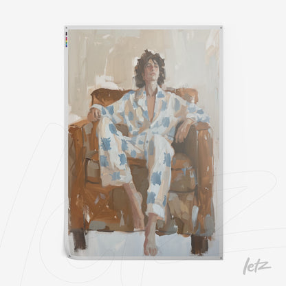 quadro em canvas com retrato de uma pessoa relaxando em um sofá, vestindo pijama com estampas azuis, em estilo artístico contemporâneo