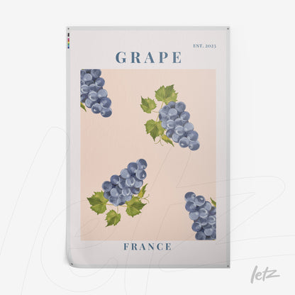 quadro com padrão de uvas azuis sobre fundo rosa claro, com texto 'GRAPE' e 'FRANCE' na parte superior e inferior
