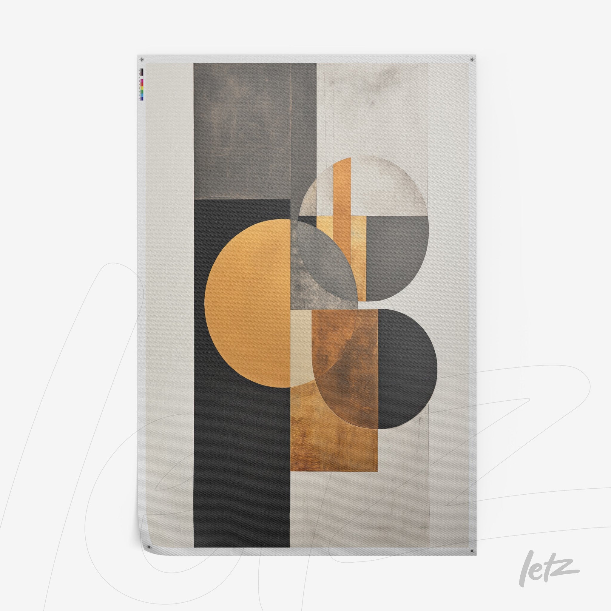 quadro com arte abstrata em tons de preto, cinza e dourado com formas geométricas circulares e retangulares