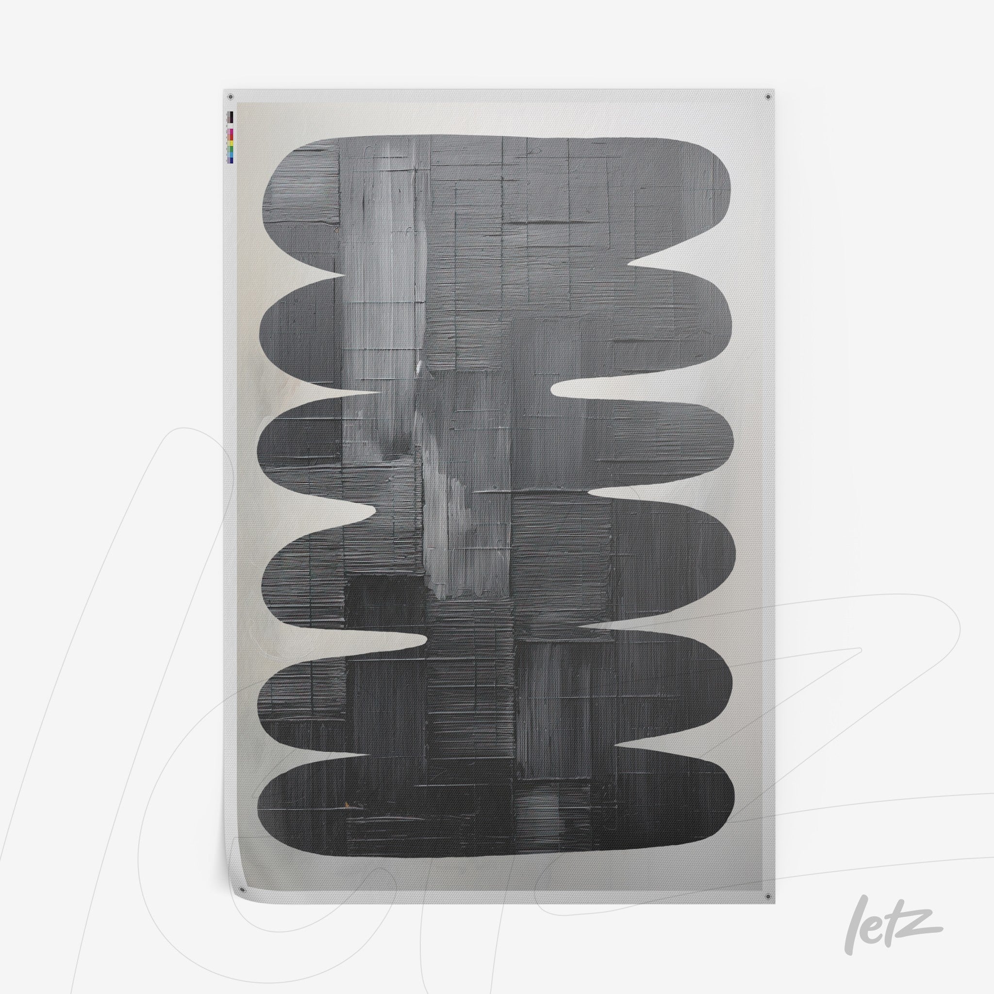 quadro com arte abstrata em tons de cinza, apresentando formas orgânicas sobre fundo prateado