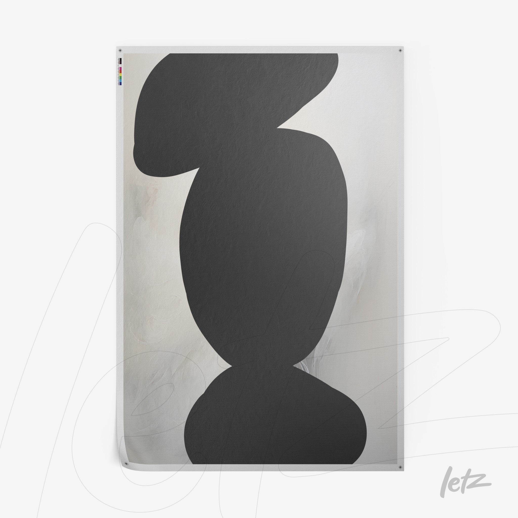 quadro com arte abstrata em preto sobre fundo claro com texturas suaves