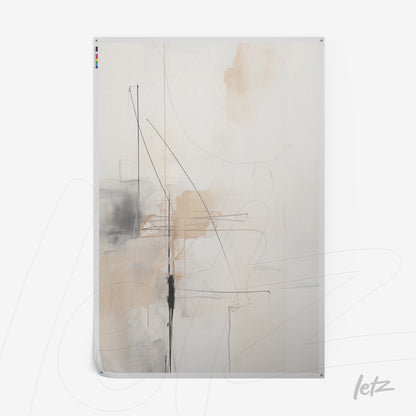quadro com arte abstrata em tons neutros, com traços pretos e fundo suave