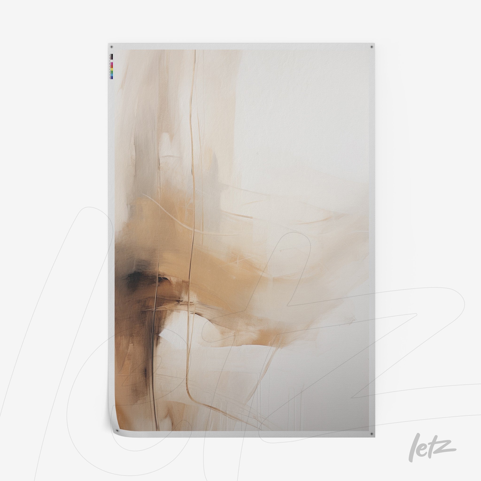 quadro em canvas com arte abstrata em tons neutros, apresentando formas fluidas e texturas sutis