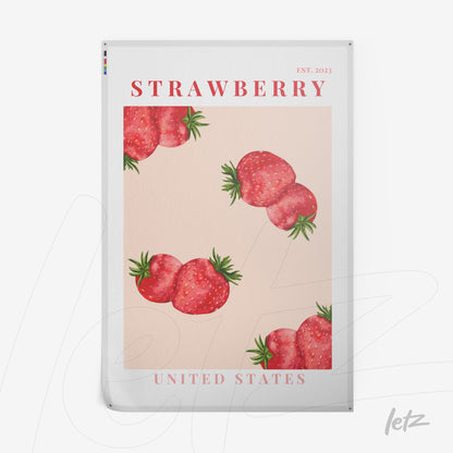 quadro com ilustração de morangos em fundo rosa, texto 'STRAWBERRY' em destaque