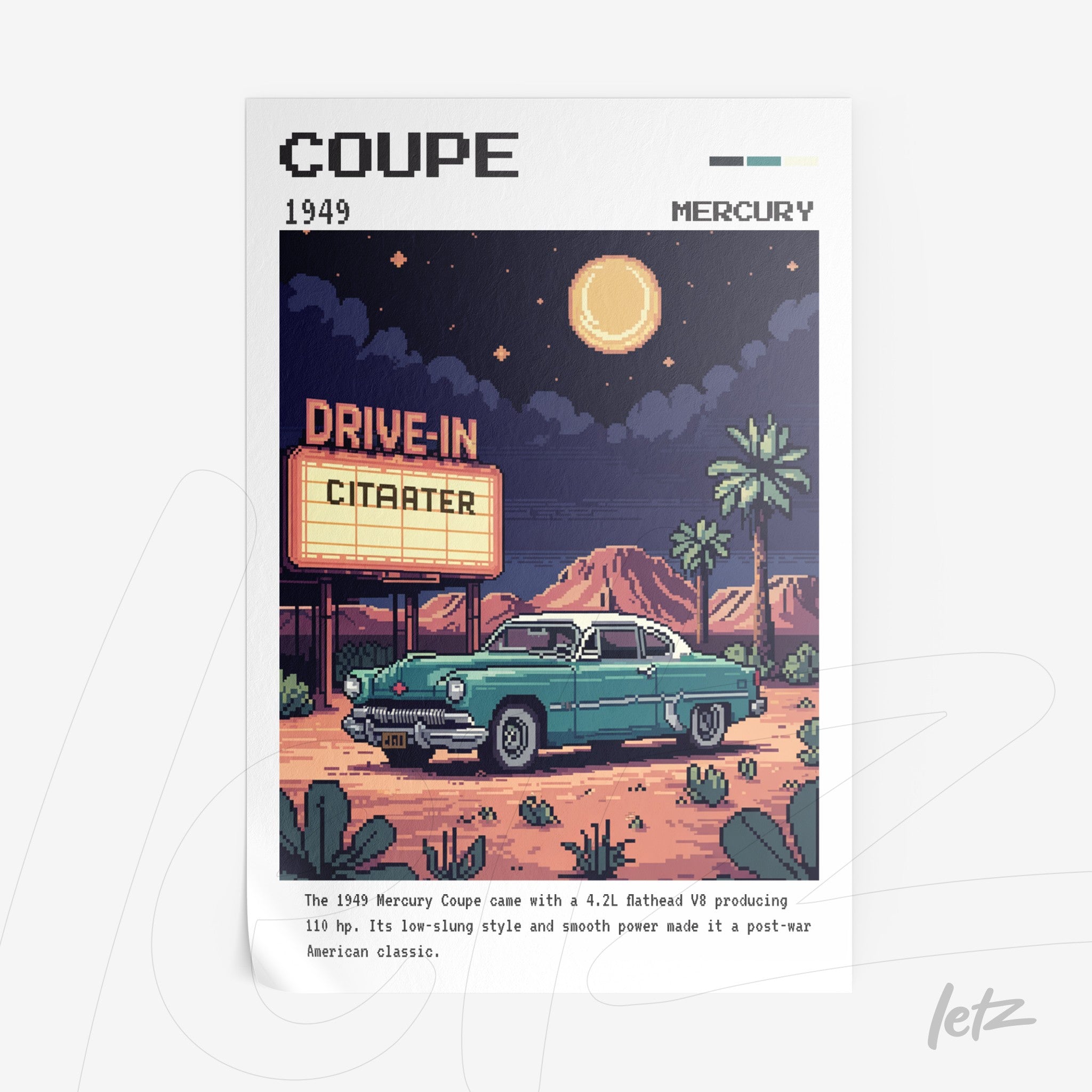 quadro com arte pixelada de um carro Mercury Coupe de 1949 em um ambiente de drive-in sob a lua cheia