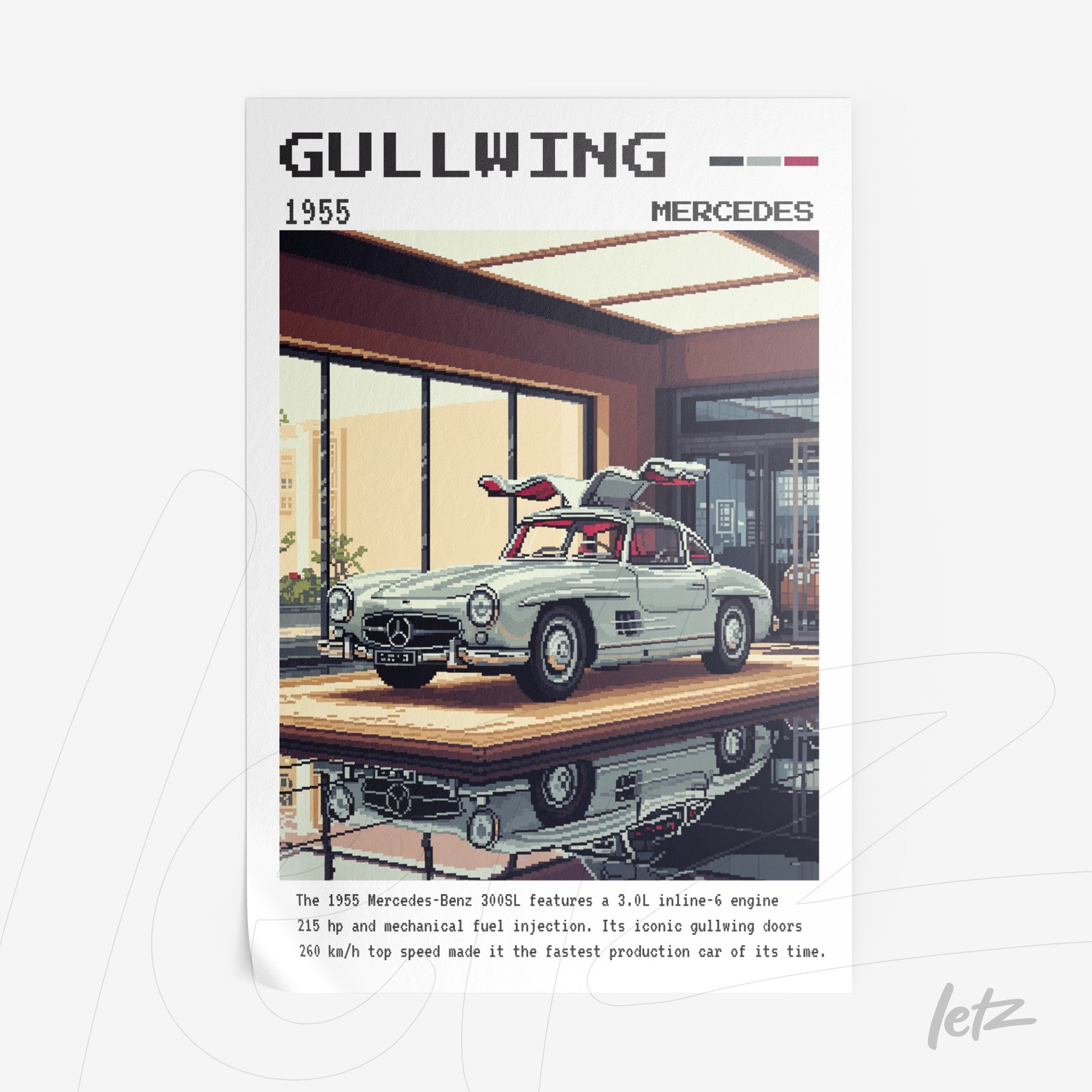 quadro com arte decorativa de um Mercedes-Benz 300SL Gullwing em uma garagem moderna com portas de vidro
