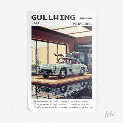 quadro com arte decorativa de um Mercedes-Benz 300SL Gullwing em uma garagem moderna com portas de vidro