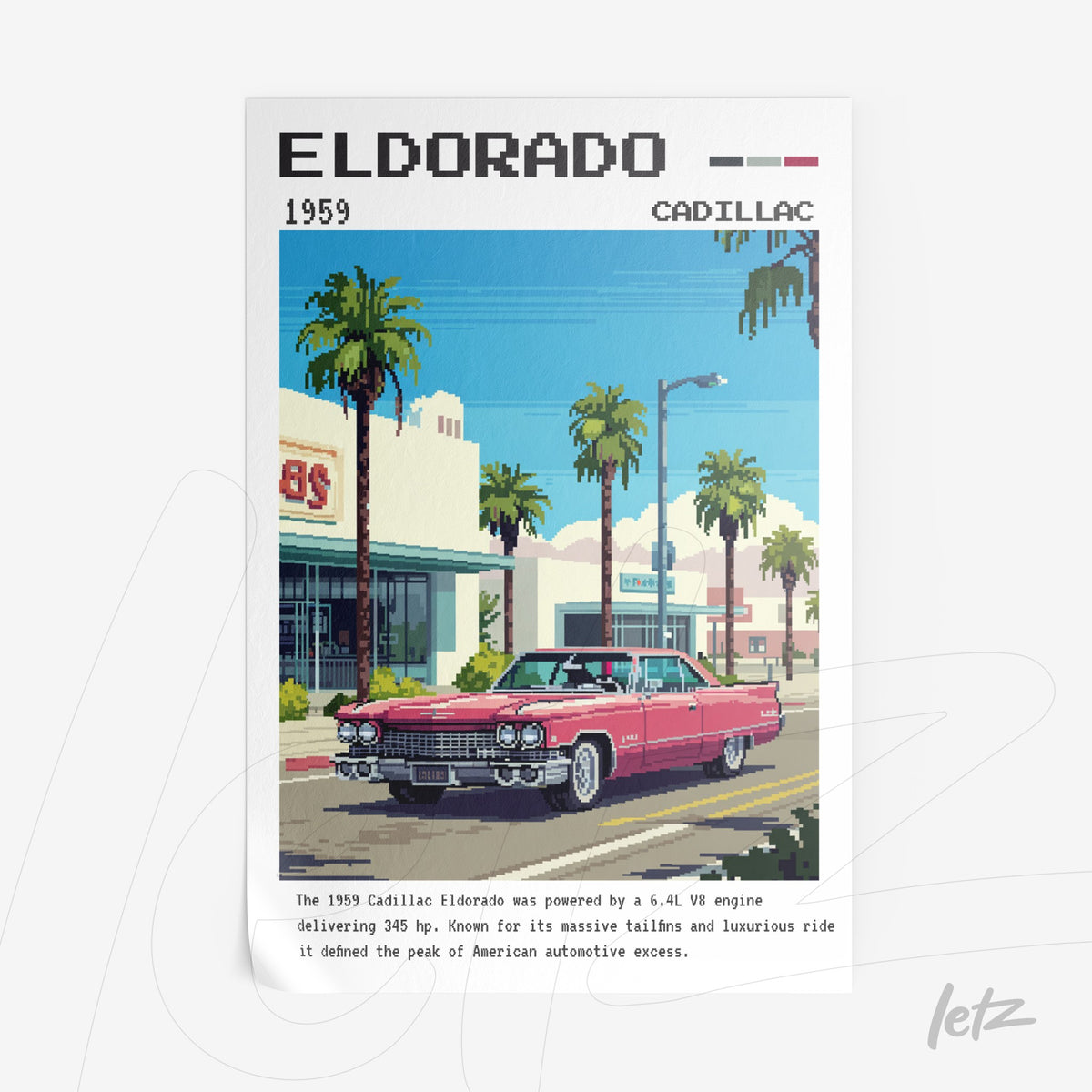 quadro com arte digital do Cadillac Eldorado de 1959 em estilo pixelado com fundo urbano