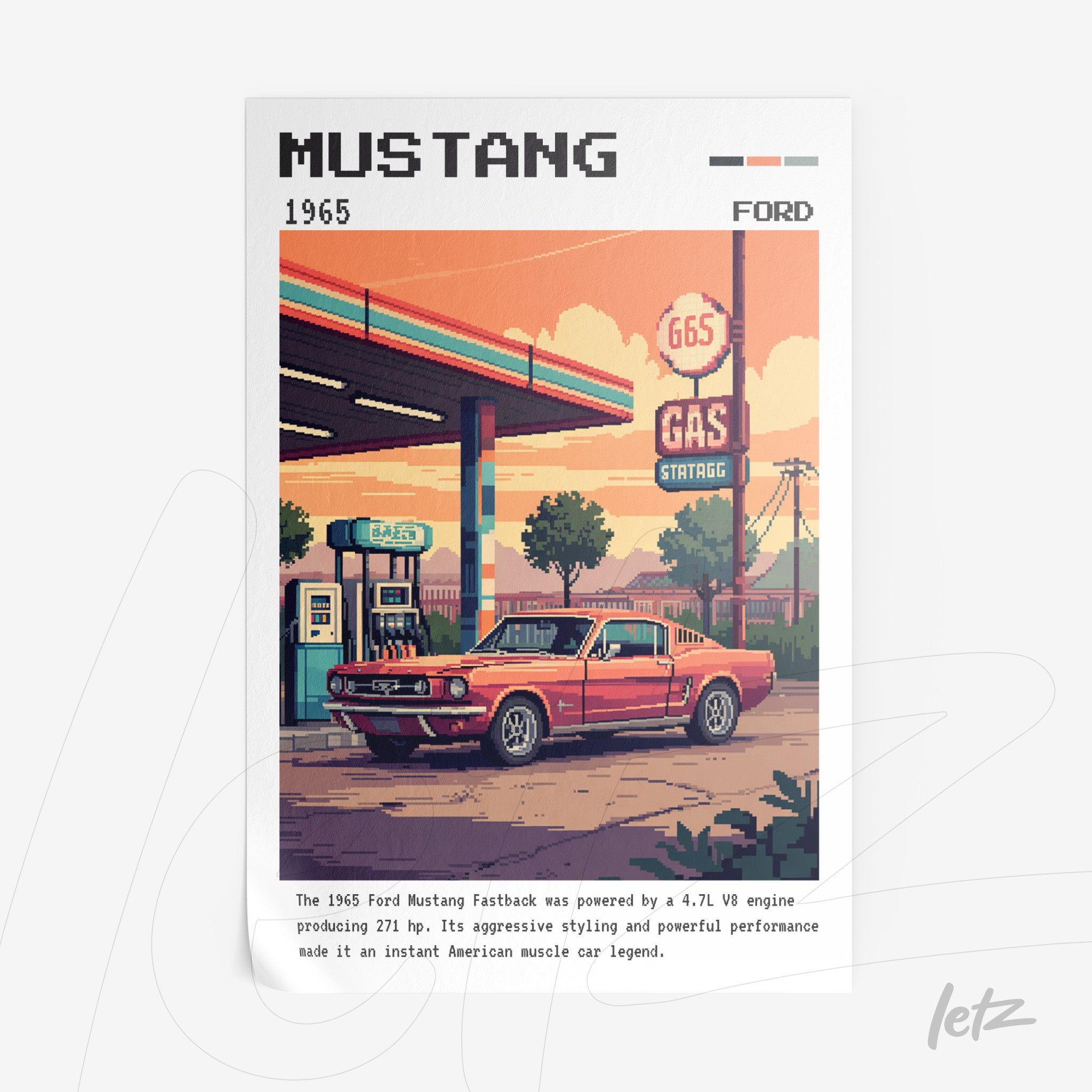 arte digital com ilustração retrô de um Ford Mustang 1965 em uma estação de gasolina, ressaltando seu design icônico e cores vibrantes
