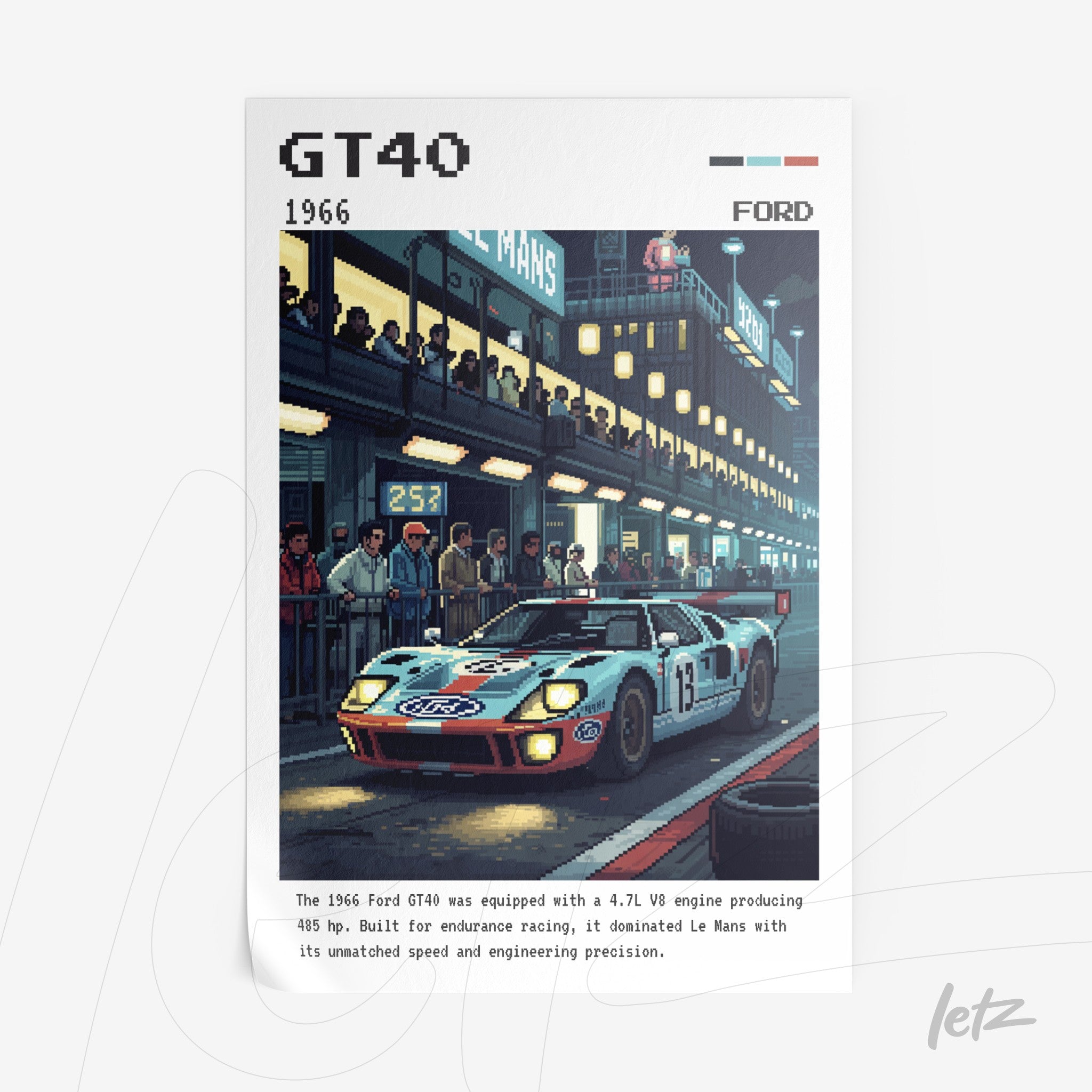 quadro em estilo pixel art com ilustração do carro Ford GT40 em frente a uma pista de corrida, fundo noturno com espectadores e iluminação dramática