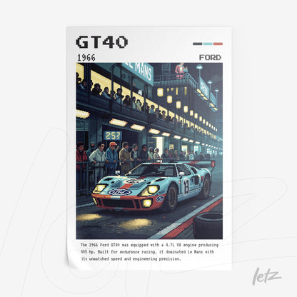 quadro em estilo pixel art com ilustração do carro Ford GT40 em frente a uma pista de corrida, fundo noturno com espectadores e iluminação dramática
