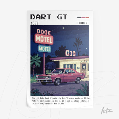 quadro em estilo pixel art de um Dodge Dart GT 1968 estacionado em frente a um motel retrô iluminado