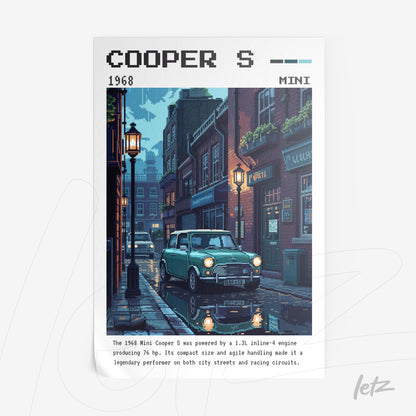 ilustração de carro Mini Cooper S 1968 em estilo pixel art exibida sobre fundo claro, destacando ruas de paralelepípedo e lanternas acesas à noite
