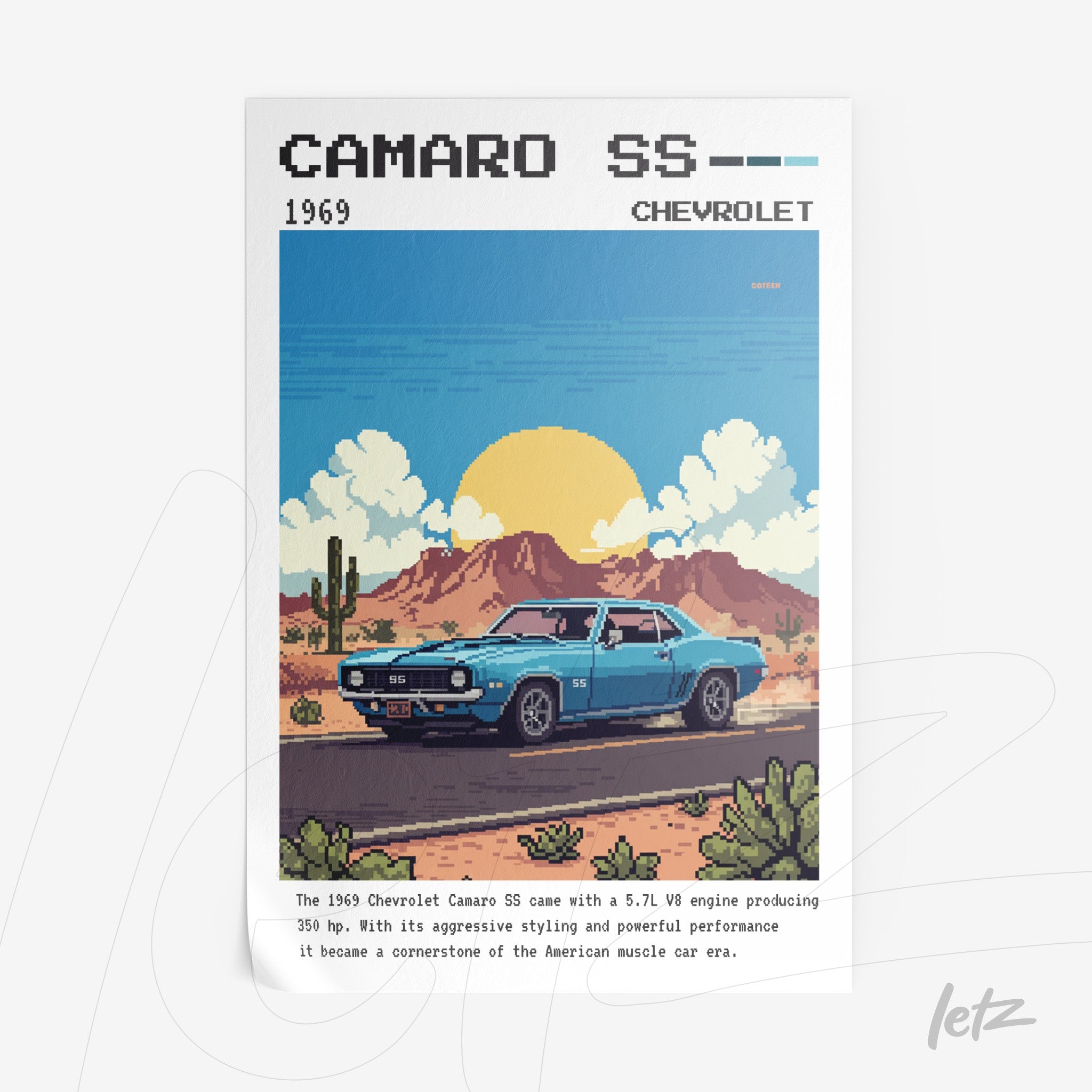 quadro com arte pixelada do carro Camaro SS de 1969 em um cenário desértico