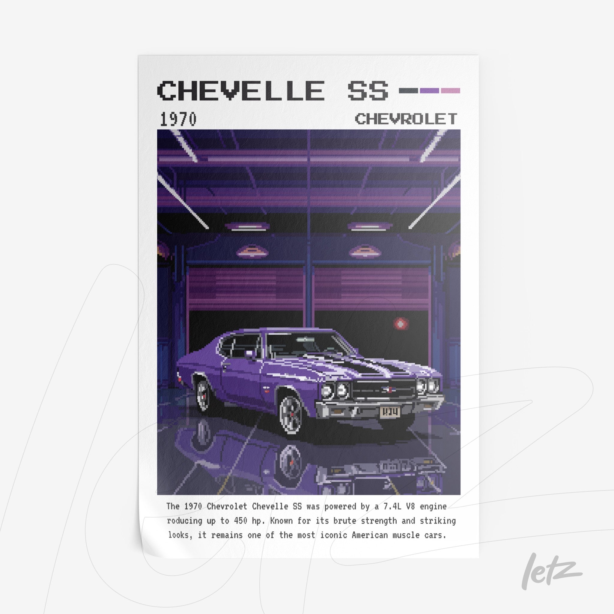 quadro com arte digital de carro Chevrolet Chevelle SS 1970 em estilo pixel art com fundo em garagem