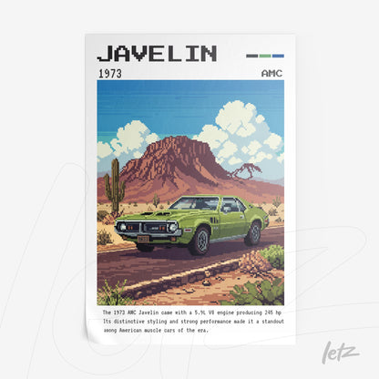 quadro com arte pixelada de um carro AMC Javelin 1973 em um deserto com montanhas ao fundo