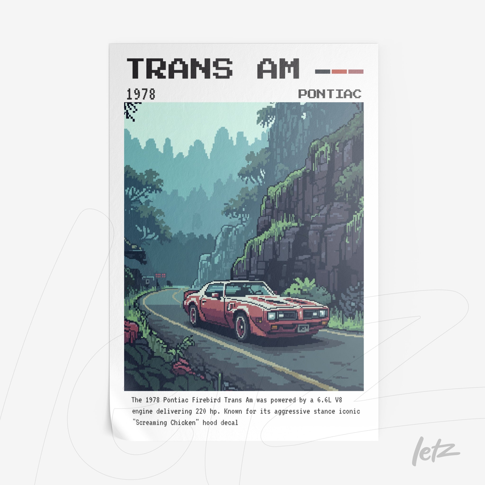 quadro com arte pixelada do carro Pontiac Firebird Trans Am em uma estrada montanhosa