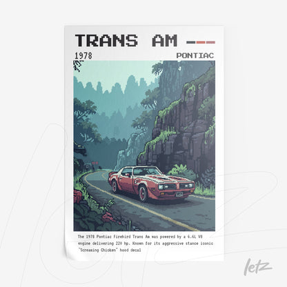 quadro com arte pixelada do carro Pontiac Firebird Trans Am em uma estrada montanhosa