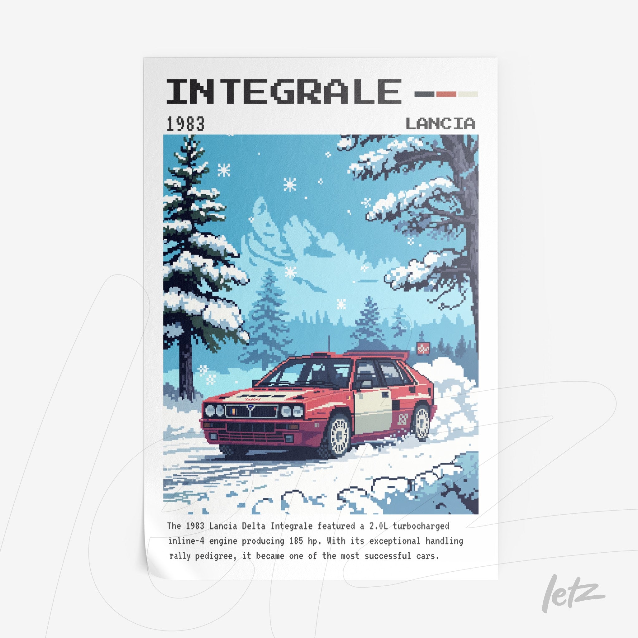 ilustração de carro Lancia Delta Integrale em estilo pixel art, com fundo de inverno e florestas nevadas