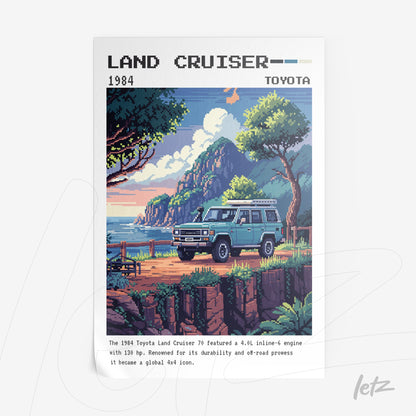 pôster com arte pixelada de um Toyota Land Cruiser de 1984 em uma paisagem costeira com montanhas ao fundo