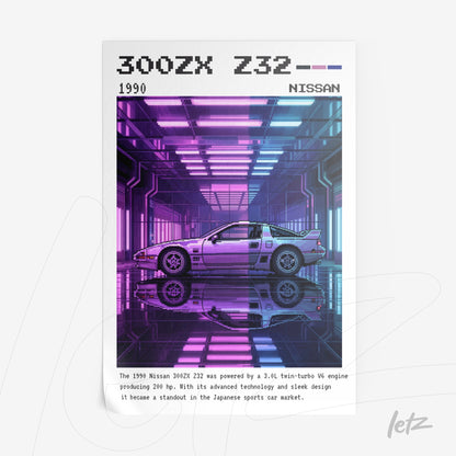 quadro com arte digital do carro Nissan 300ZX Z32 de 1990 em um fundo futurista neon