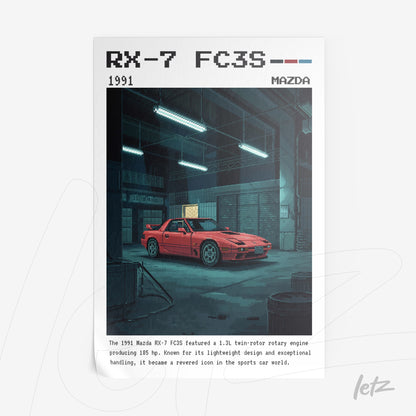 quadro com arte digital de um Mazda RX-7 FC3S vermelho em uma garagem escura, com elementos retrô